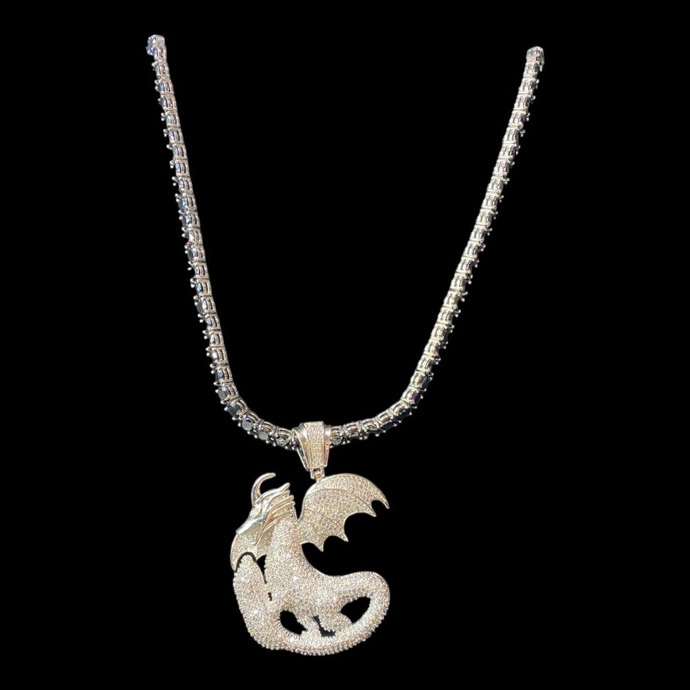 34" Necklace Dragon Pendant 6mm Faceted Black Tourmaline Schorl in Stainless Ste